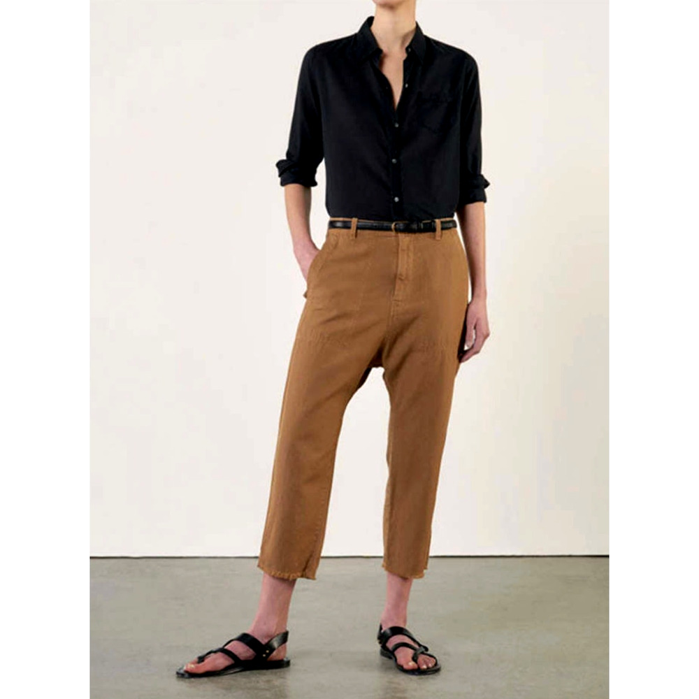 Nili Lotan 4 Linen Luna Pant $395 Cotton Slouchy Drop Crotch Cropped Tawny Brown